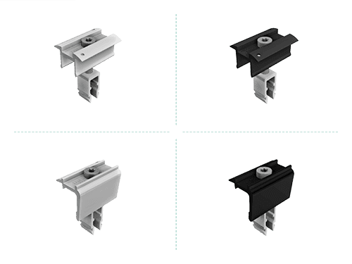 Four solar panel metal mounting clips are shown. The top two are white, and the bottom two are black.
