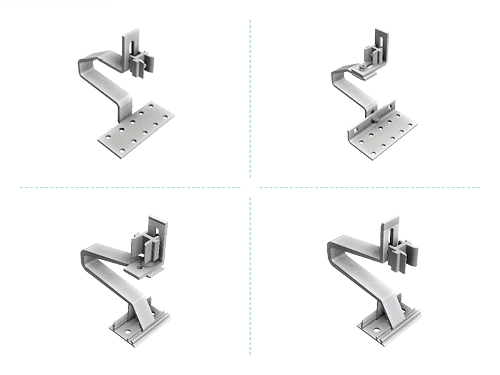 Four different types of metal brackets shown in pairs on a gray background, used for mounting purposes.