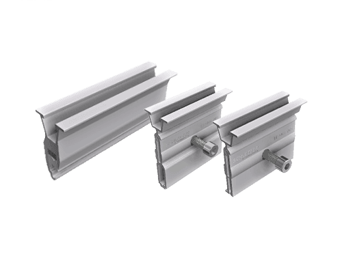 Three silver metallic mounting brackets of varying lengths and widths, each with horizontal grooves and a locking screw, displayed on a plain background.
