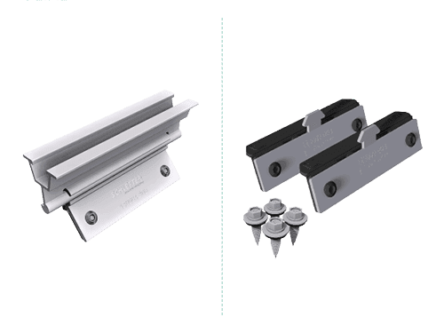 Metal hardware pieces with screws. Left: angled bracket with two screw holes. Right: two rectangular clamps with screws and small peg components.