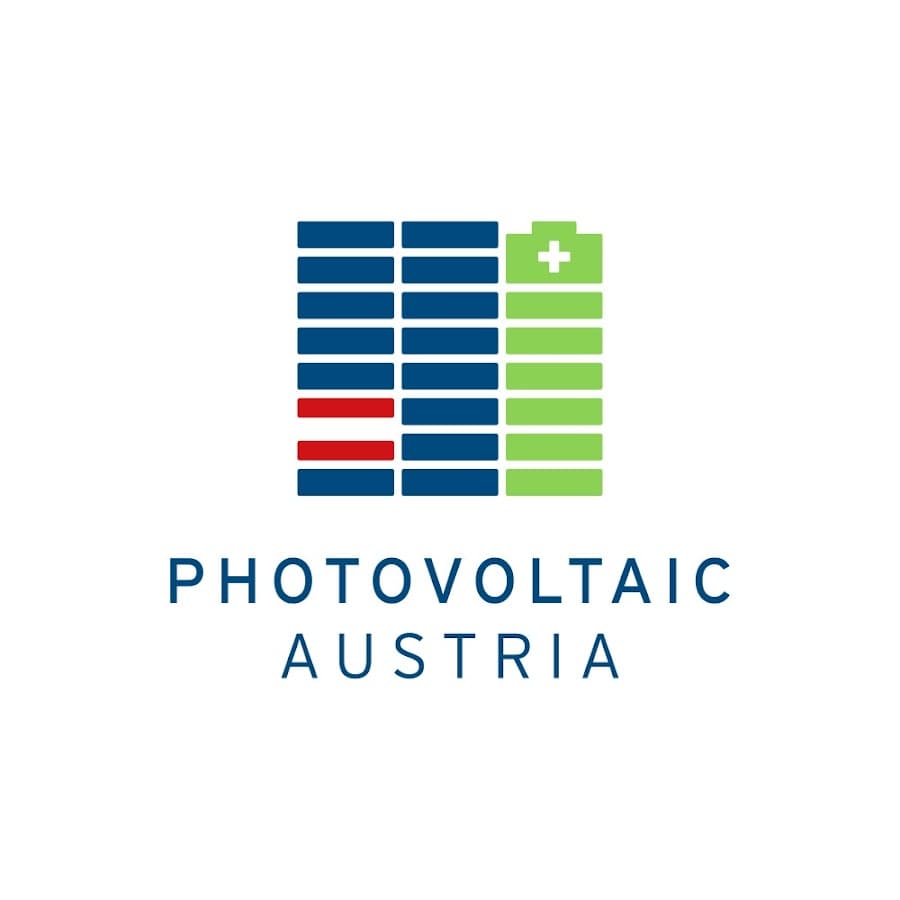Logo: Photovoltaic Austria with a design of blue and green rectangular blocks resembling solar panels and a battery icon with a plus sign.