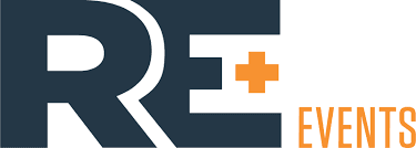 RE+ Events logo featuring the letters "RE" in large, navy blue font and an orange plus sign between them. "EVENTS" is written in orange beside the main logo.
