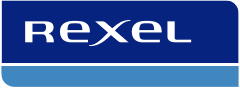 Rexel logo featuring the brand name in white text on a blue background with a lighter blue stripe at the bottom.