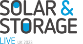 Logo for the Solar & Storage Live UK 2023 event. The text is in dark gray and blue, with a minimalistic design featuring a blue circle and a blue rectangle within the letters.