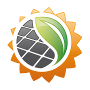 Icon of a stylized sun with solar panels and a green leaf inside, representing renewable energy.