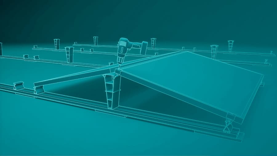 Digital illustration of a solar panel mounting system showing components and layout.