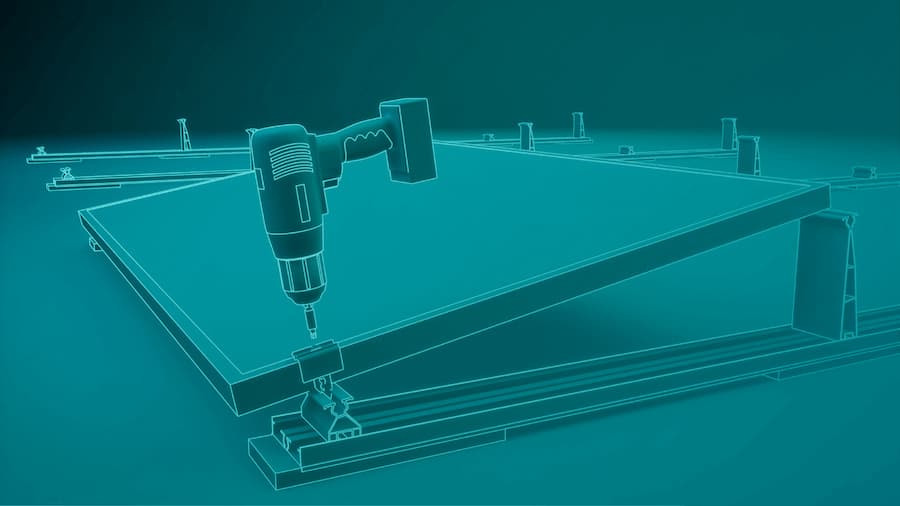 Digital illustration of a power drill assembling a large panel with screws and support beams in a teal-colored, wireframe-like 3D style.