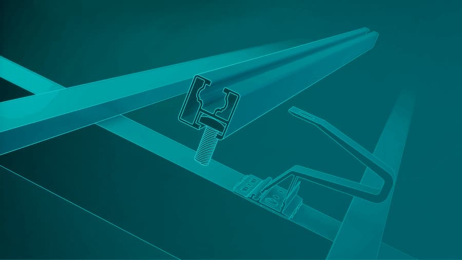 A digital rendering illustrating a mechanical assembly, featuring a bolt and rail system.