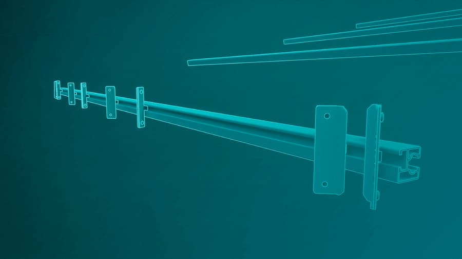 A digital rendering of a metallic rail system with multiple attachment brackets, depicted in a teal color on a teal background.