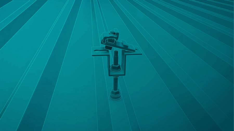 A central mechanical clamp with bolts and gears is set against a teal background featuring radiating lines.