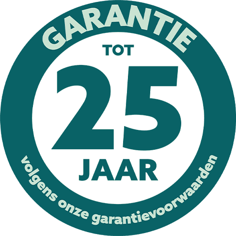 Circular badge with Dutch text "GARANTIE TOT 25 JAAR volgens onze garantievoorwaarden," indicating up to 25 years warranty according to their terms and conditions.