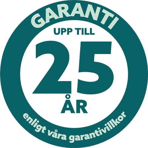 Circular badge with text: "GARANTI UPP TILL 25 ÅR enligt våra garantivillkor." The background is teal with white and dark teal text.