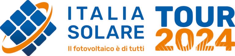 Logo for Italia Solare Tour 2024 with the slogan "Il fotovoltaico è di tutti" and a stylized solar panel design.