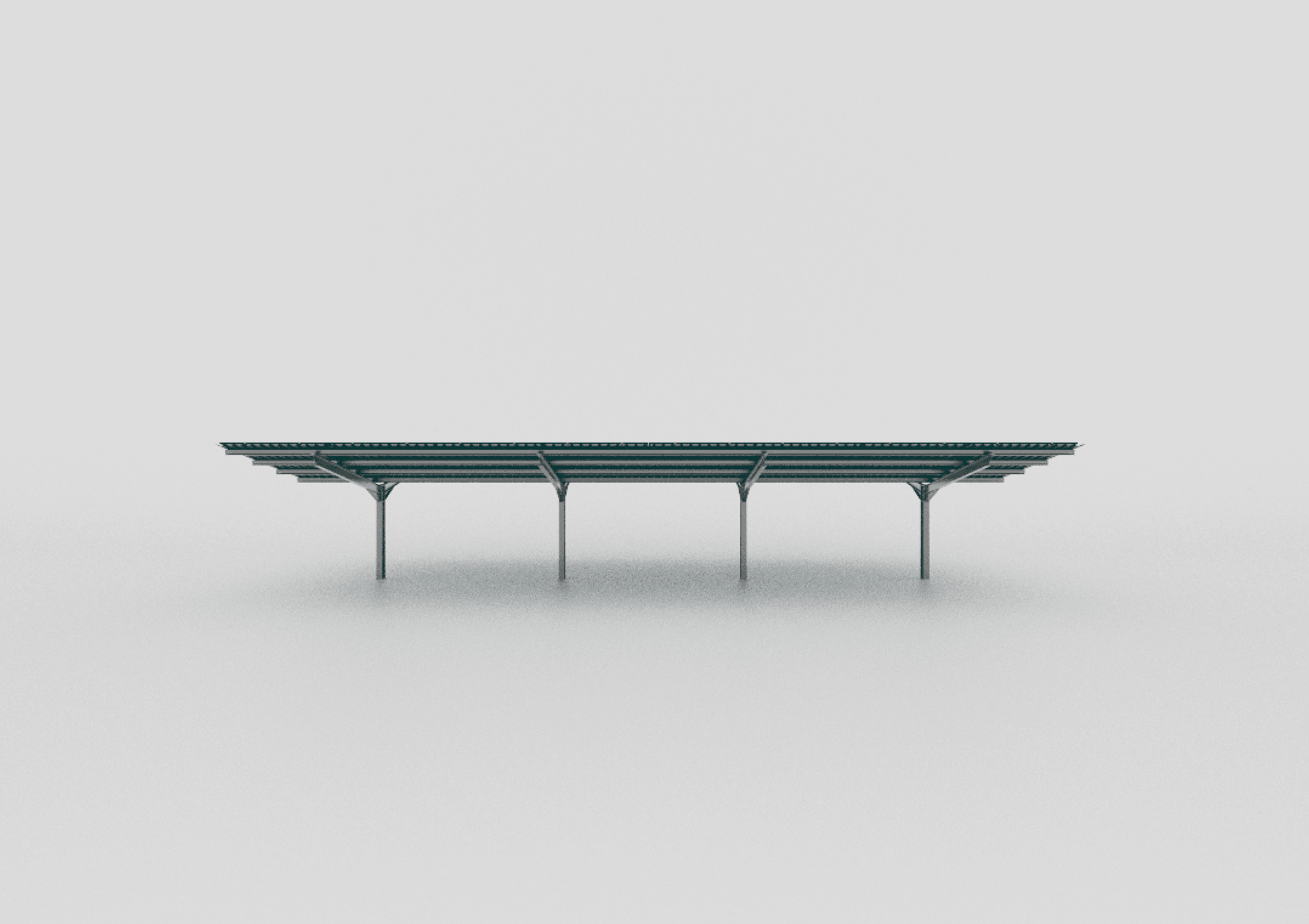 A minimalist, rectangular metal structure with a flat roof supported by five slender columns, set against a plain, white background.