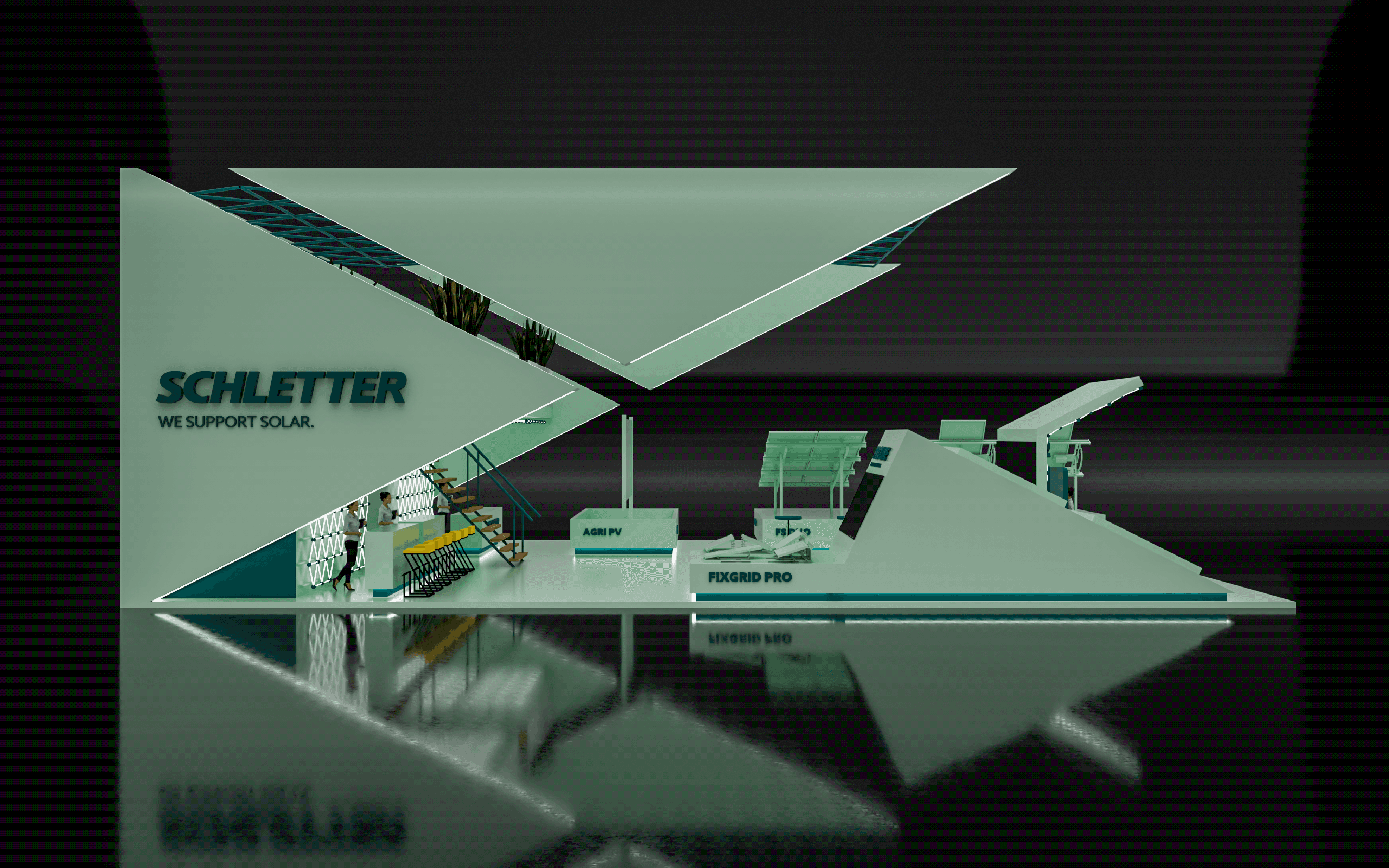 A futuristic exhibition booth with the Schletter logo and the tagline "We Support Solar" features angular, modern design elements and displays related to solar energy solutions.