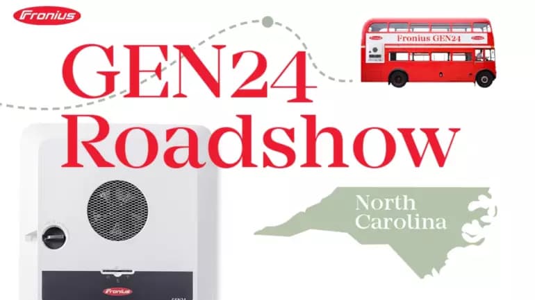 Fronius GEN24 Roadshow, featuring a red double-decker bus, visiting North Carolina. Image includes a large white and gray device with a speaker.