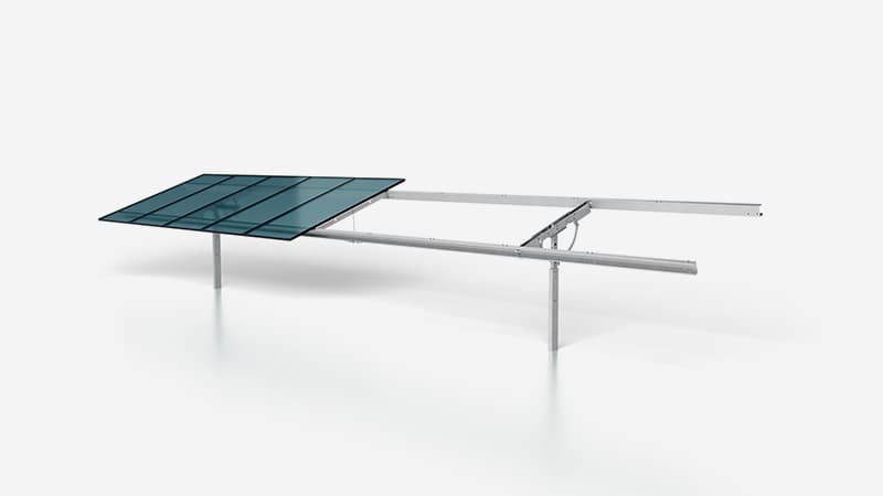 A solar panel mounted on a metal frame, positioned at an angle on a white background.