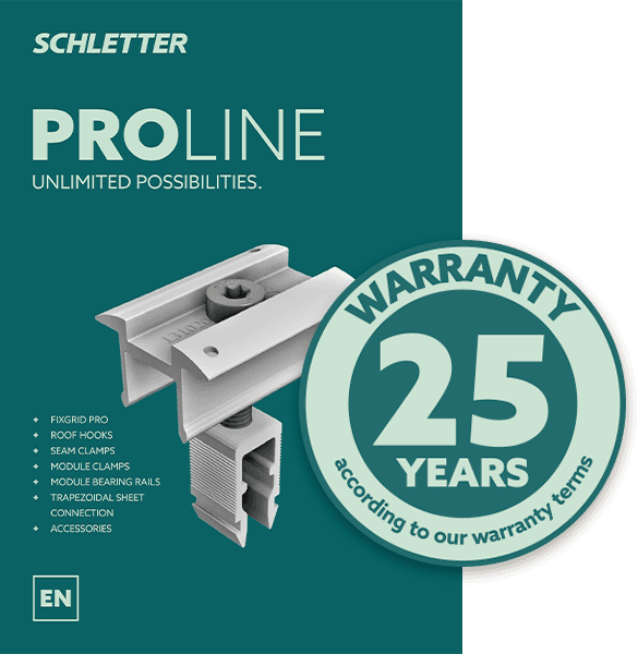 Schletter ProLine product advertisement showcasing a mounting component and highlighting a 25-year warranty.