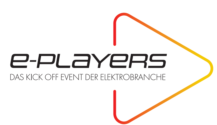 Logo with text "e-players" and "Das Kick Off Event der Elektrobranche" featuring a stylized arrow design with a gradient color from red to yellow.