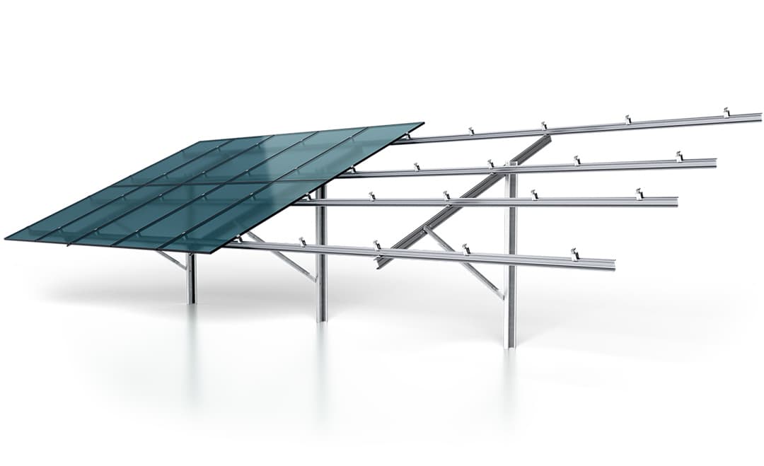 A solar panel mounting structure with several rows of metal supports designed to hold solar panels at an angle, allowing for optimal sunlight exposure.