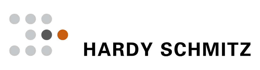 Logo of Hardy Schmitz featuring a pattern of grey dots with one orange dot, followed by the name "HARDY SCHMITZ" in black text.