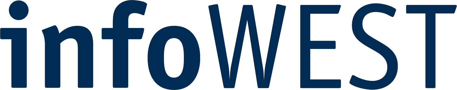 Logo reading "infoWEST" in bold, dark blue letters.