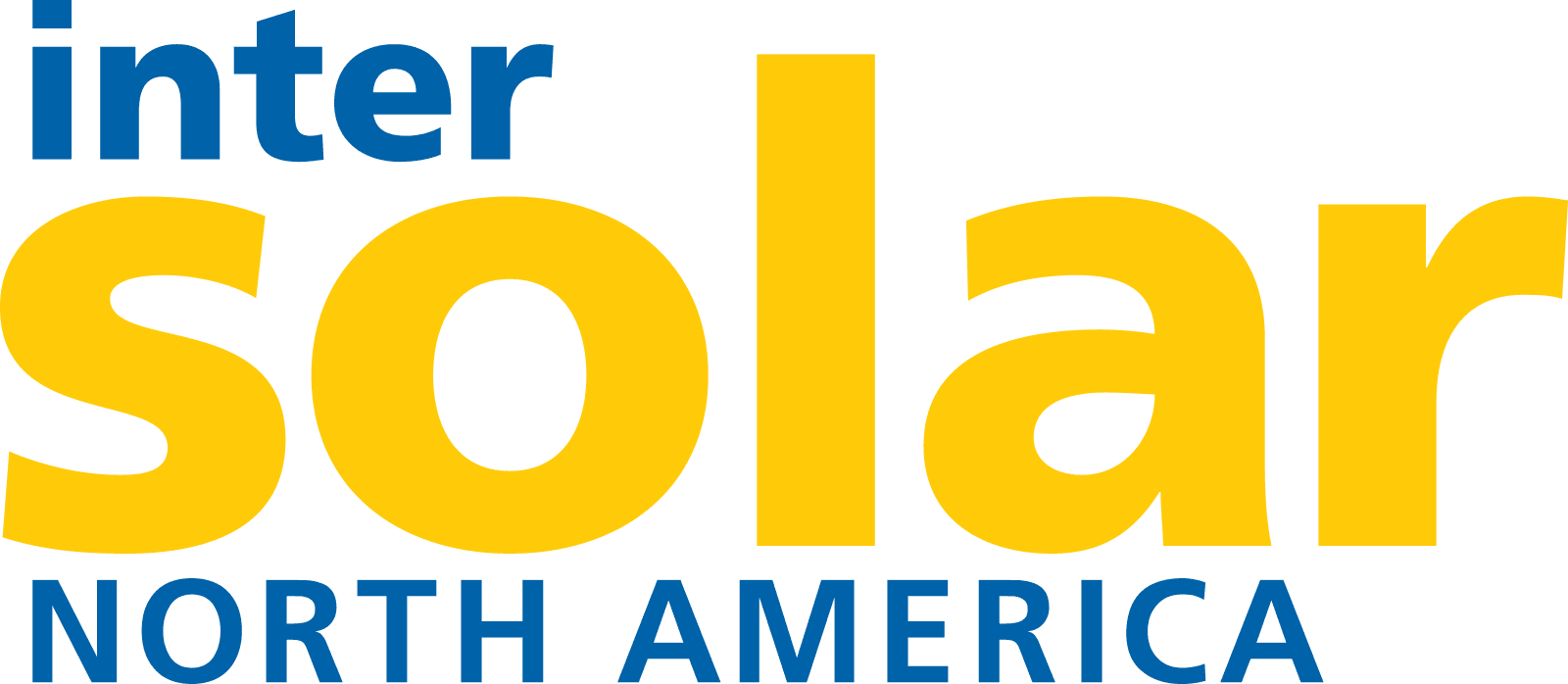 Logo of Intersolar North America, with "inter" in blue and "solar" in large yellow letters above "NORTH AMERICA" in smaller blue letters.