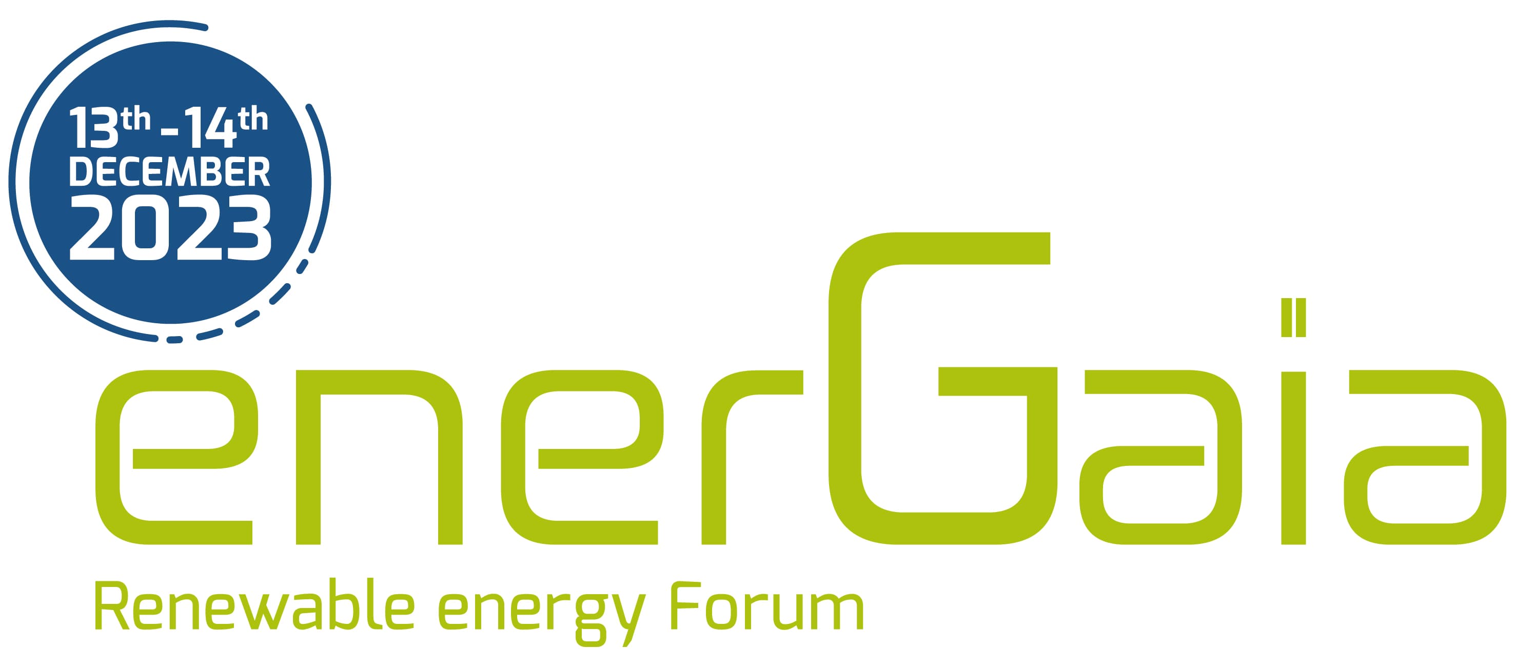 Logo for enerGaïa Renewable Energy Forum with event dates 13th - 14th December 2023 displayed in a blue circle above the text.