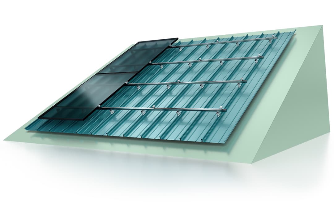 A diagram depicting a section of a slanted roof with a green metal surface, showcasing solar panel mounting brackets and partially installed solar panels.