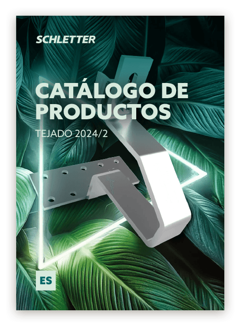 Cover of the Schletter "Catálogo de Productos" for Tejado 2024/2, featuring an image of a metallic bracket and green leaves in the background.