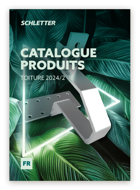 Cover of the "Schletter Catalogue Produits Toiture 2024/2" featuring an abstract design with metallic hardware and illuminated geometric shapes against a backdrop of green leaves.