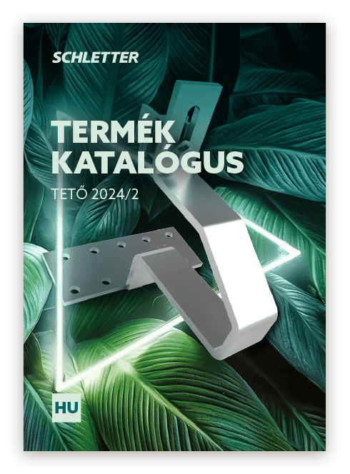 Cover of Schletter's product catalog "Termék Katalógus," featuring a metal roofing component against a backdrop of green leaves, labeled "Tető 2024/2.
