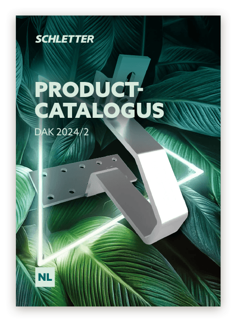 Cover of the "Schletter Product Catalog Dak 2024/2" featuring a metallic component against a backdrop of green leaves. The letters "NL" are at the bottom left corner.