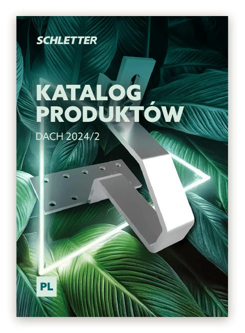 Catalog cover with the title "Katalog Produktów Dach 2024/2" alongside an image of a metal bracket on a background of green leaves. The "PL" abbreviation appears in the lower left corner.
