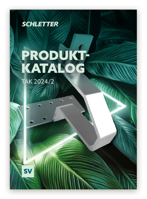 Cover of a Schletter product catalog titled "Produkt-Katalog TAK 2024/2" with an image of a metal bracket and large green leaves in the background. The SV logo is in the bottom left corner.