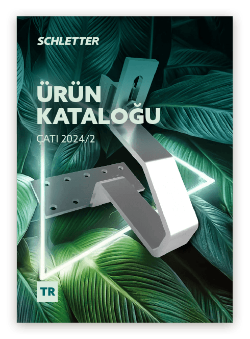 Cover of "Schletter Ürün Kataloğu Çatı 2024/2" featuring a metal bracket and large green leaves in the background.