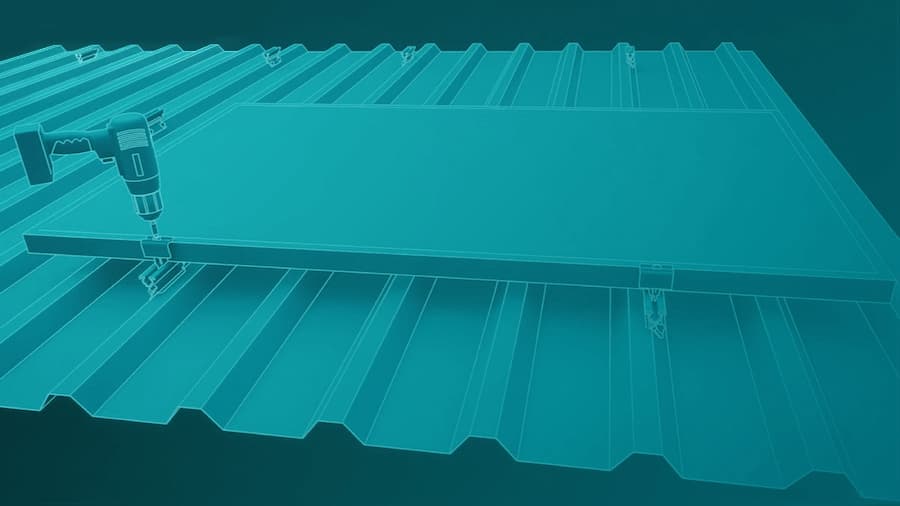 Illustration of a corrugated metal roof panel being secured with screws using a power drill.
