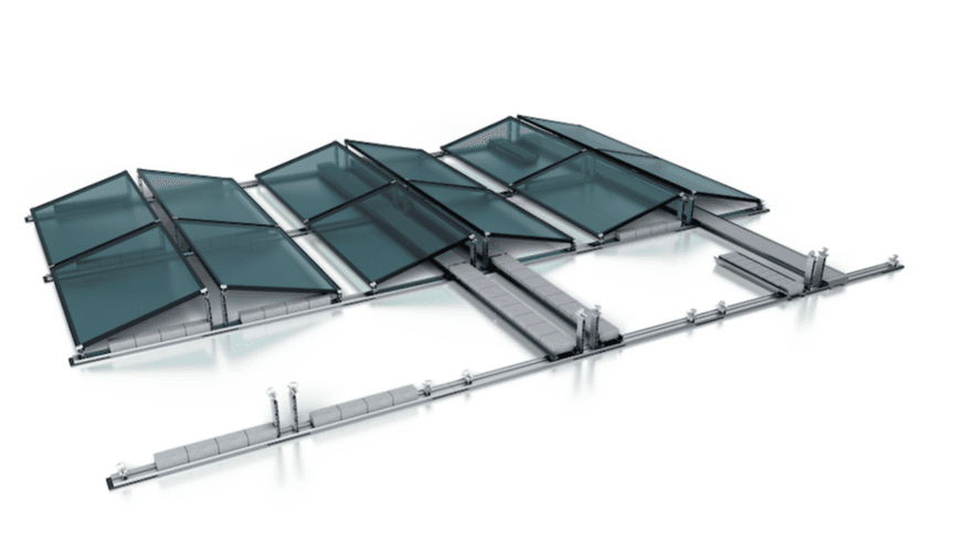 A 3D rendering of a large solar panel installation with multiple angled panels mounted on a metal frame structure. The setup appears to maximize sun exposure.