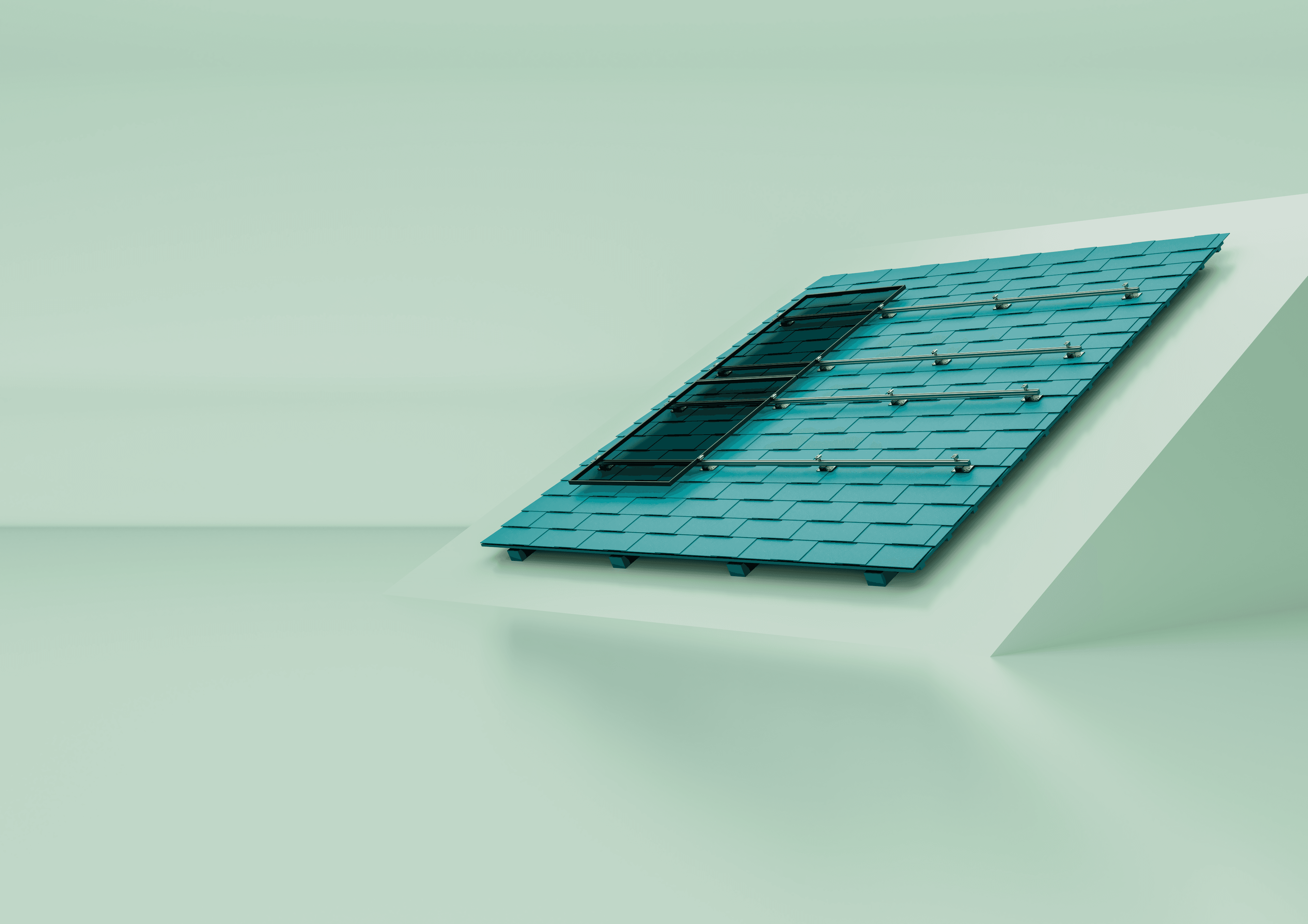 A section of a teal-tiled roof with solar panels against a light green background.