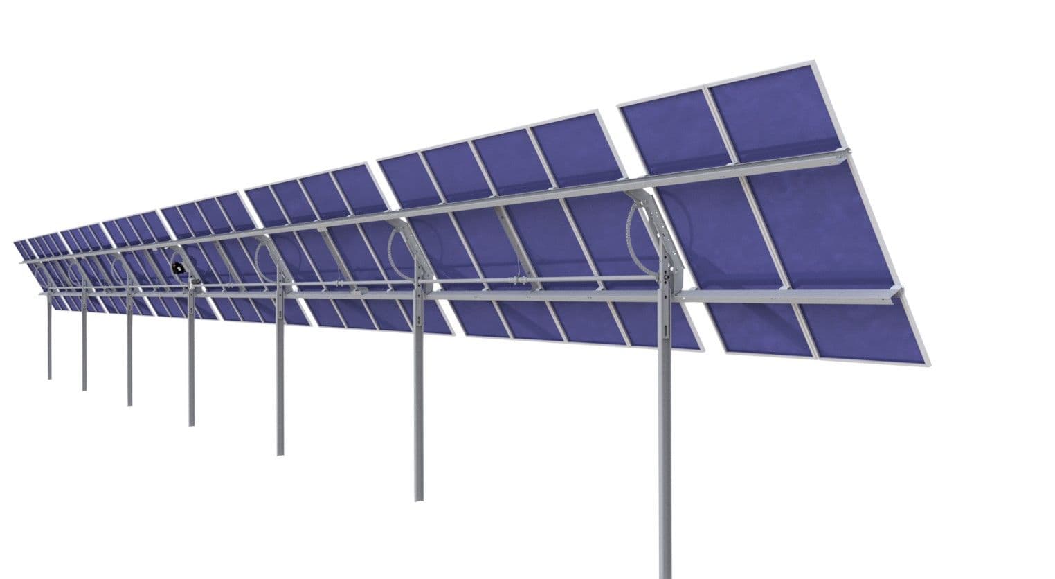 A row of solar panels mounted on metallic stands, angled to capture sunlight, set against a plain white background.