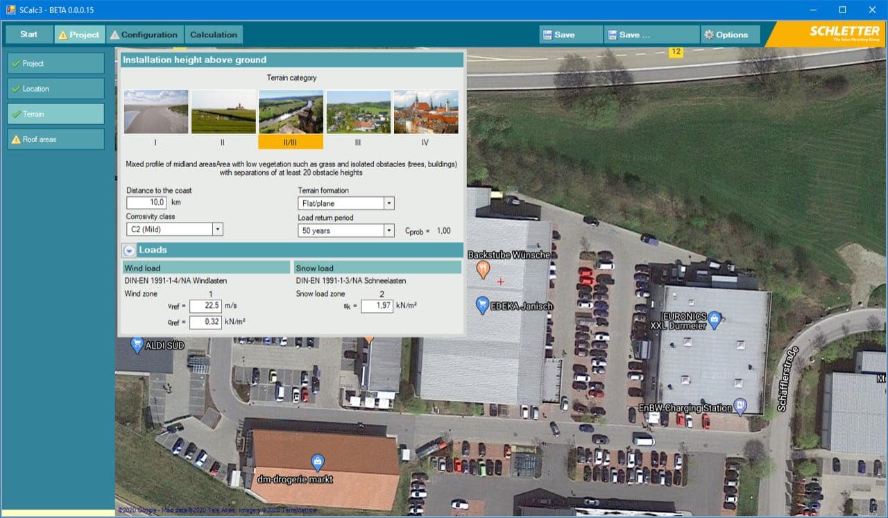 A screenshot of software displaying a satellite map and parameters for calculating installation height above ground, with options for terrain category, distance to coast, mean wind speed, and snow load.
