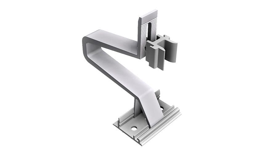A metal bracket with an angular, zigzag design, mounted on a flat base with a clip at the top.