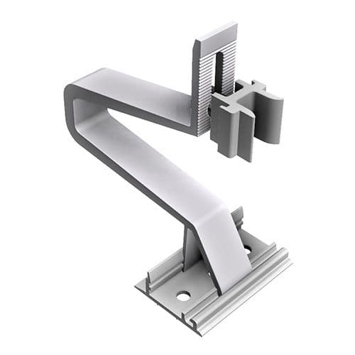 Close-up view of a metal bracket with a complex, angular design and attachment grooves, used for supporting or securing objects.