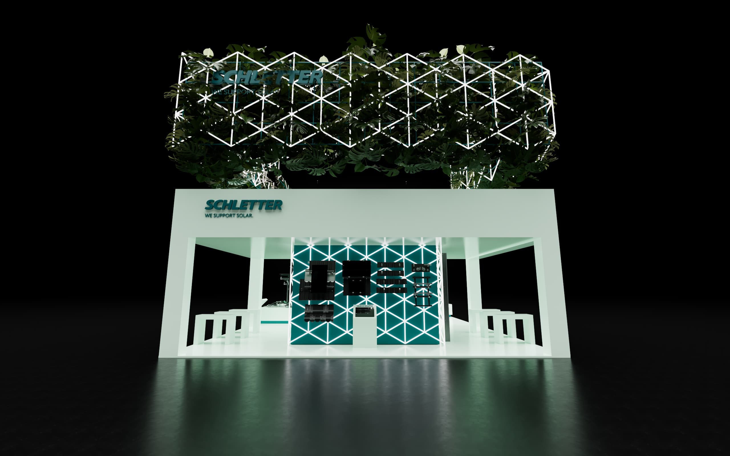 A modern exhibition booth with geometric designs and illuminated green plants on top. The sign reads "Schletter" and "We Support You".