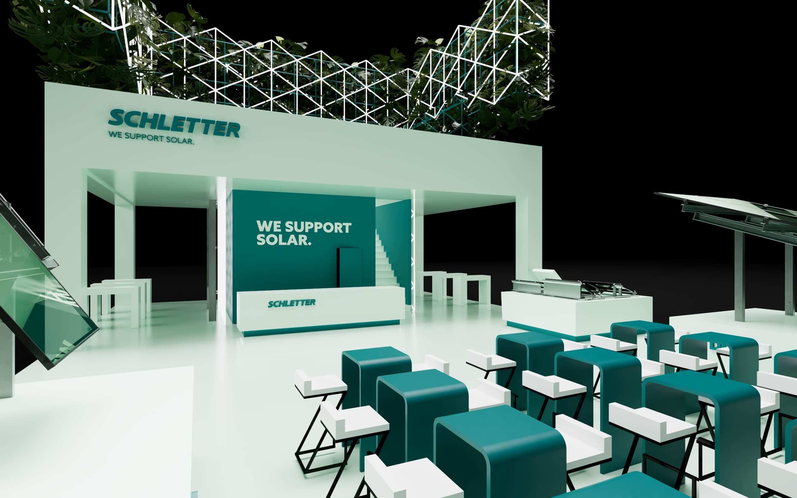 A modern exhibition booth features seating, a display counter, solar panel models, and a "We Support Solar" banner, under the Schletter brand name.