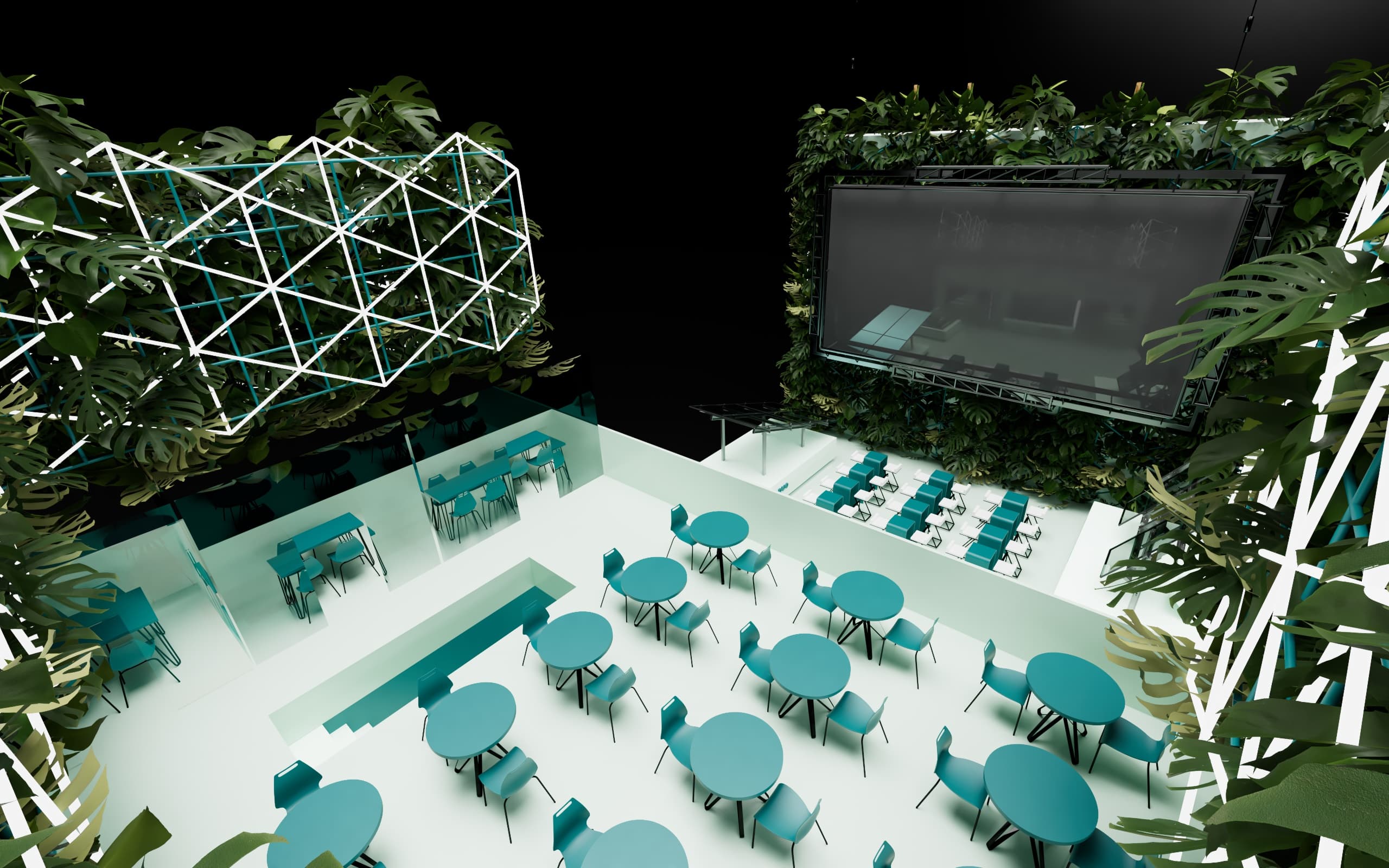 Modern indoor venue with turquoise tables and chairs, a large screen, greenery, and geometric ceiling light fixtures.