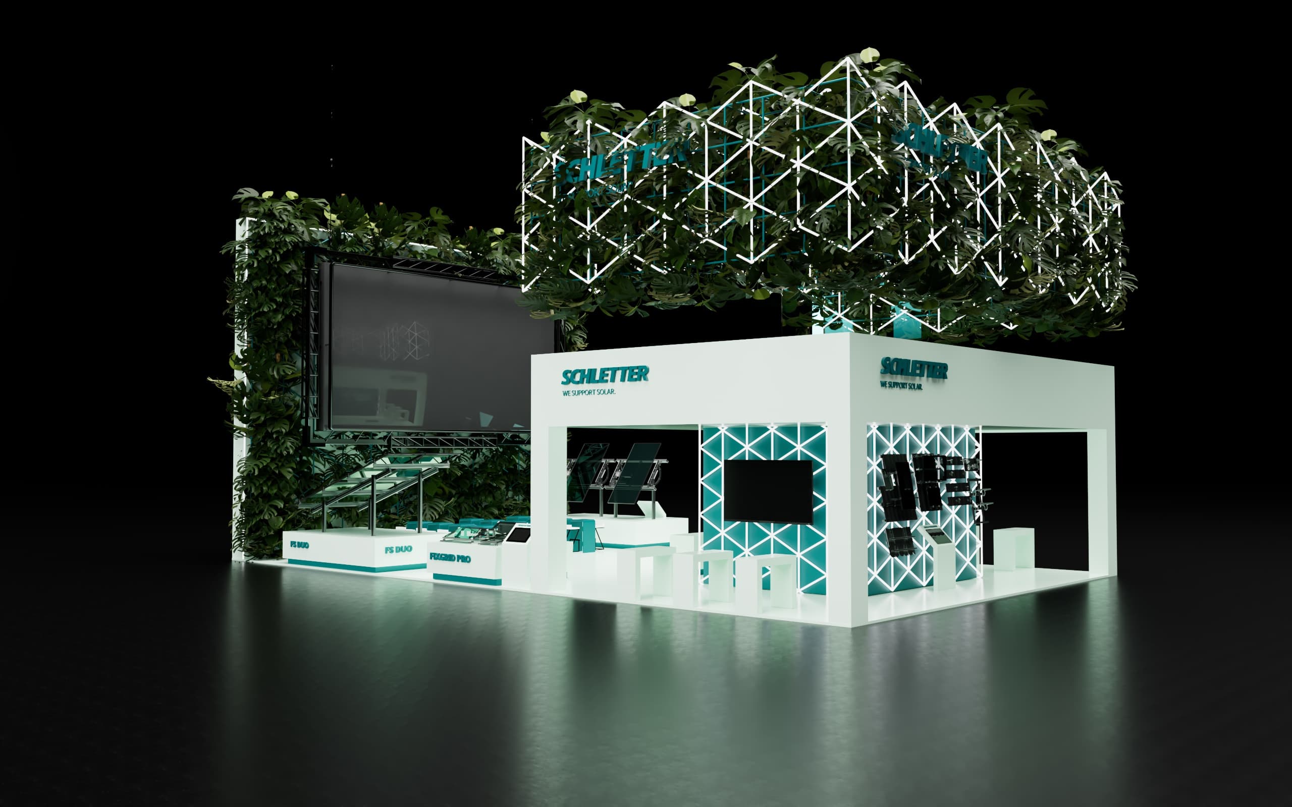 Exhibition booth with illuminated signage displaying "Schletter," featuring plants, screens, seating area, and promotional materials on a darkened floor.
