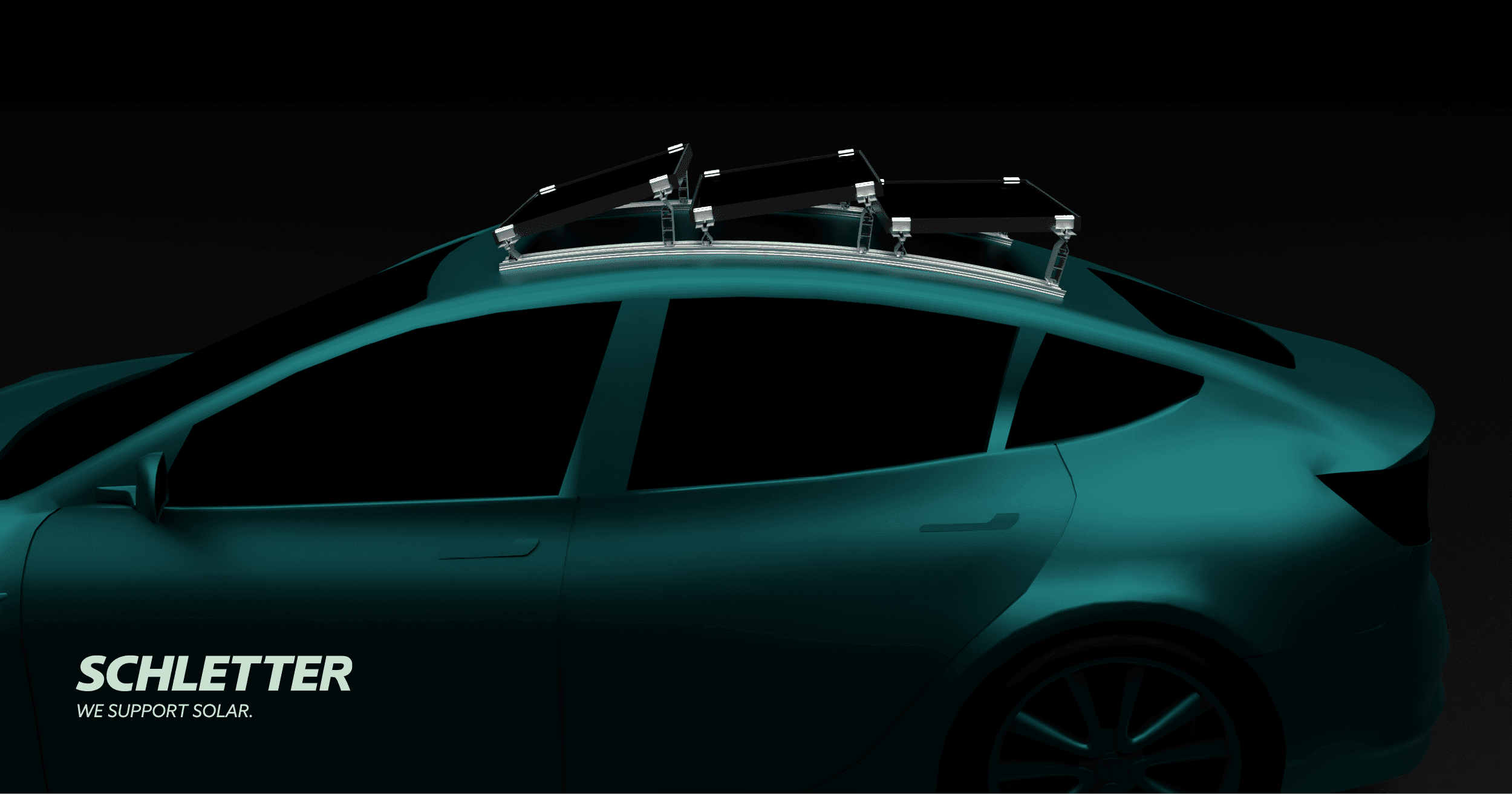 A teal car with a Schletter solar panel roof mount system installed on its top, shown against a dark background. The Schletter logo and the text "We Support Solar" are displayed at the bottom left.