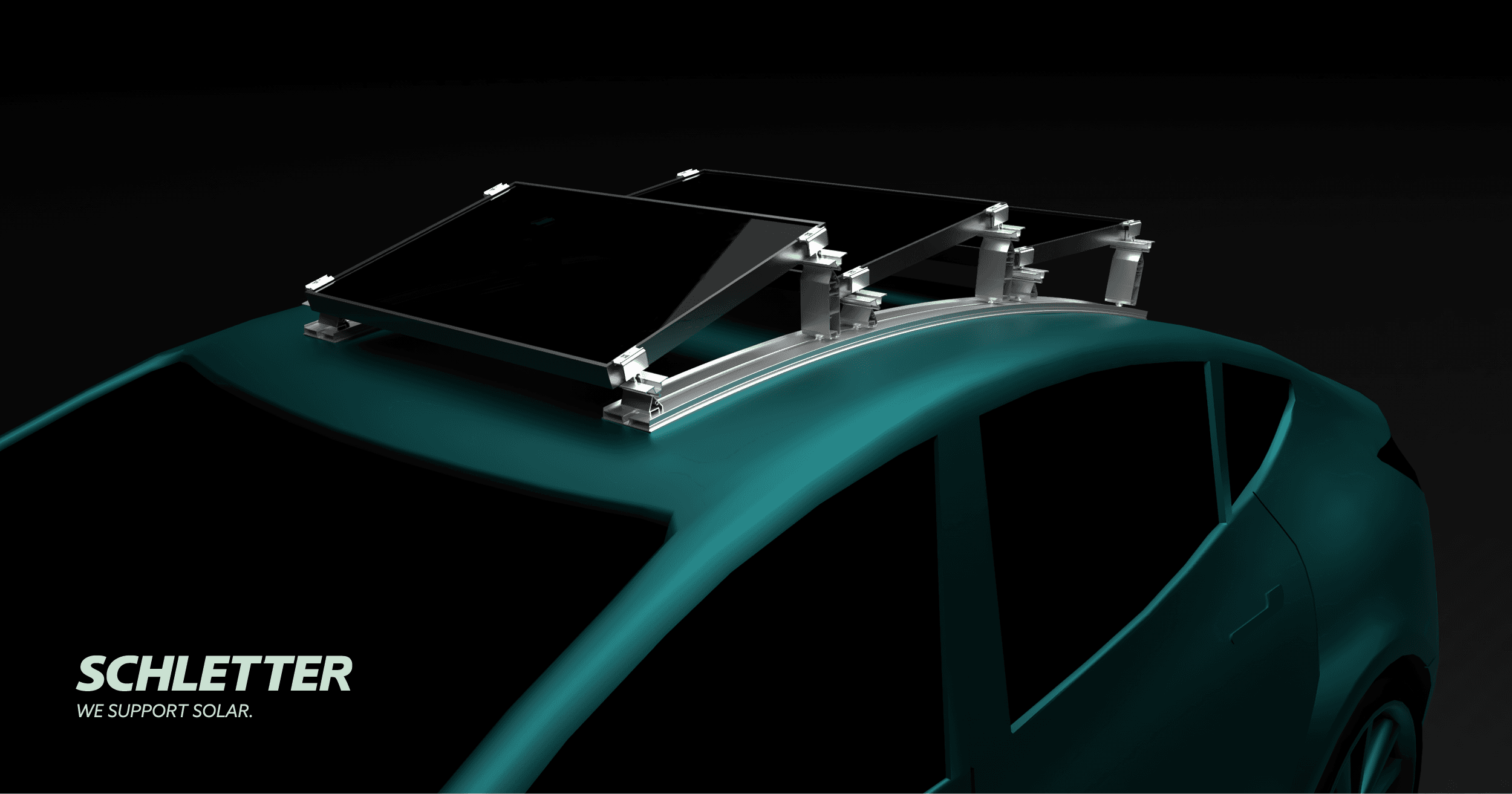 A solar panel mounted on the roof of a car, showcasing Schletter's automotive solar support system. Logo and tagline "Schletter: We Support Solar" are visible in the image.