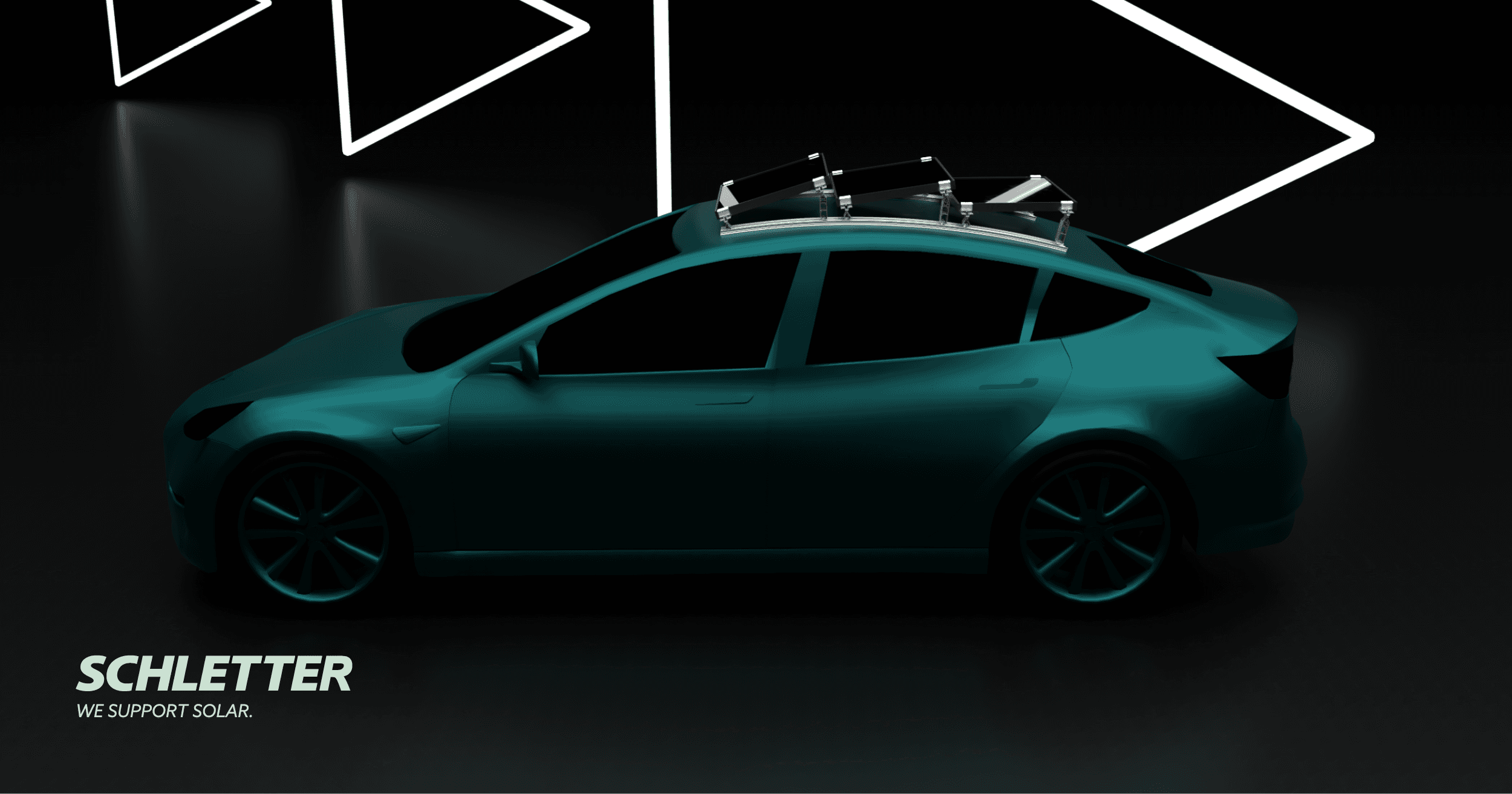 A dark green electric car with a solar panel rack on the roof, displayed against a black background. The text "Schletter - We support solar" is in the bottom left corner.